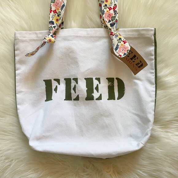 NEW Feed Project x Clarins Cream Army Khaki Green Floral Strap Cotton Tote Bag - Picture 3 of 7